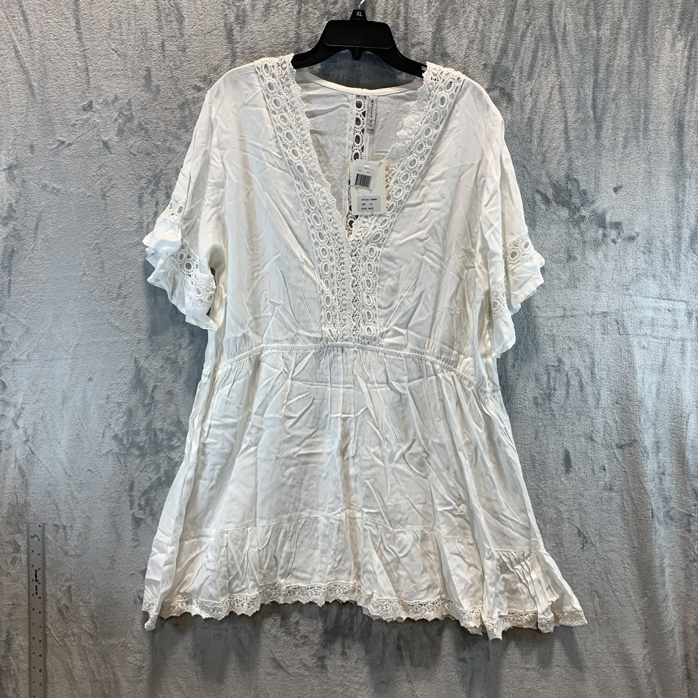 Raviya Women's Swimsuit Cover Up 1X Plus White Lace Inset Crochet Mini Dress